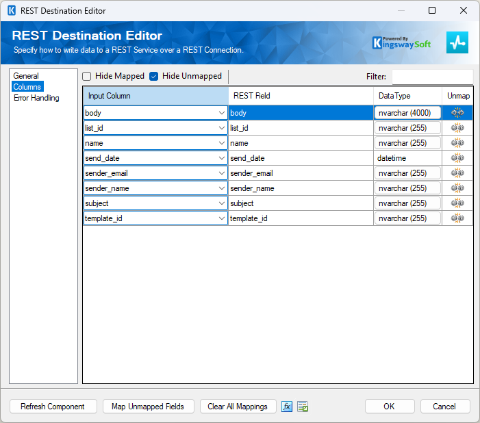 SSIS SendPulse REST Destination - Columns SSIS SendPulse REST Destination - Columns